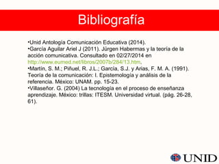Bibliografía
•Unid Antología Comunicación Educativa (2014).
•García Aguilar Ariel J (2011). Jürgen Habermas y la teoría de la
acción comunicativa. Consultado en 02/27/2014 en
http://www.eumed.net/libros/2007b/284/13.htm.
•Martín, S. M.; Piñuel, R. J.L.; García, S.J. y Arias, F. M. A. (1991).
Teoría de la comunicación: I. Epistemología y análisis de la
referencia. México: UNAM. pp. 15-23.
•Villaseñor. G. (2004) La tecnología en el proceso de enseñanza
aprendizaje. México: trillas: ITESM. Universidad virtual. (pág. 26-28,
61).
 