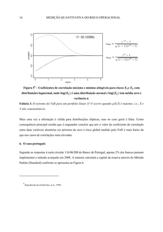 16                              MEDIÇÃO QUANTITATIVA DO RISCO OPERACIONAL




     Figura 59 – Coeficientes de correlação máximo e mínimo atingíveis para riscos       e   com
 distribuições lognormal, onde                       é uma distribuição normal e   tem média zero e
                                                      variância .
Falácia 3. O extremo do VaR para um portfolio linear X+Y ocorre quando ρ(X,Y) é máximo, i.e., X e
Y são comonotónicos.


Mais uma vez a afirmação é válida para distribuições elípticas, mas no caso geral é falsa. Como
consequência principal resulta que é enganador concluir que por o valor do coeficiente de correlação
entre duas variáveis aleatórias ser próximo de zero o risco global medido pelo        é mais baixo do
que nos casos de correlações mais elevadas.

6. O caso português

Segundo as respostas à carta circular 116/06/DB do Banco de Portugal, apenas 2% dos bancos pensam
implementar o método avançado em 2008. A maioria calculará o capital de reserva através do Método
Padrão (Standard) conforme se apresenta na Figura 6.




     9
         Reproduzido de (Embrechts, et al., 1999).
 