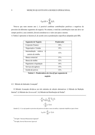 9                             MEDIÇÃO QUANTITATIVA DO RISCO OPERACIONAL




    Note-se que num mesmo ano , é possível combinar contribuições positivas e negativas de
proveitos de diferentes segmentos de negócio. No entanto, o total das contribuições num ano deve ser
sempre positivo, caso contrário, deverá considerar-se o valor zero para o mesmo.
A Tabela 2 apresenta os factores , de acordo com as ponderações específicas adoptadas pelo BIS,


                            Segmento de Negócio                                       Ponderador
                            Corporate Finance                                              18%
                            Negociação e Vendas                                            18%
                            Intermediação           relativa     à
                                                                                           12%
                               carteira de retalho
                            Banca comercial                                                15%
                            Banca de retalho                                               12%
                            Pagamento e liquidação                                         18%
                            Serviços de agência                                            15%
                            Gestão de activos                                              12%
                                Tabela 2 – Ponderadores de risco                     por segmento de
                                                                 negócio



4.3. Método do Indicador Avançado5

    O Método Avançado divide-se em três métodos de cálculo alternativos: i) Método da Medição
Interna6; ii) Método dos Scorecards7; iii) Método da Distribuição de Perdas8.




    Quando          , ou seja quando os proveitos são positivos em todos os anos em análise, a expressão simplifica-se para a forma




    5
        Do Inglês ―Advanced Measurement Approach‖.
    6
        Do inglês, Internal Measurement Approach.
 