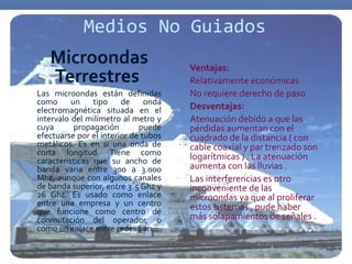 Medios No Guiados
   Microondas                         Ventajas:
   Terrestres                         Relativamente económicas
Las microondas están definidas        No requiere derecho de paso
como      un tipo de           onda
electromagnética situada en el        Desventajas:
intervalo del milímetro al metro y    Atenuación debido a que las
cuya       propagación       puede    pérdidas aumentan con el
efectuarse por el interior de tubos   cuadrado de la distancia ( con
metálicos. Es en si una onda de       cable coaxial y par trenzado son
corta longitud. Tiene como            logarítmicas ) . La atenuación
características que su ancho de
banda varia entre 300 a 3.000         aumenta con las lluvias .
Mhz, aunque con algunos canales       Las interferencias es otro
de banda superior, entre 3´5 Ghz y    inconveniente de las
26 Ghz. Es usado como enlace          microondas ya que al proliferar
entre una empresa y un centro         estos sistemas , pude haber
que funcione como centro de
conmutación del operador, o           más solapamientos de señales .
como un enlace entre redes Lan.
 