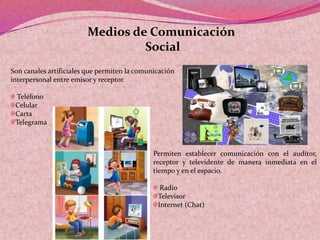 Medios de Comunicación
Social
Son canales artificiales que permiten la comunicación
interpersonal entre emisor y receptor.
Teléfono
Celular
Carta
Telegrama
Permiten establecer comunicación con el auditor,
receptor y televidente de manera inmediata en el
tiempo y en el espacio.
Radio
Televisor
Internet (Chat)
 