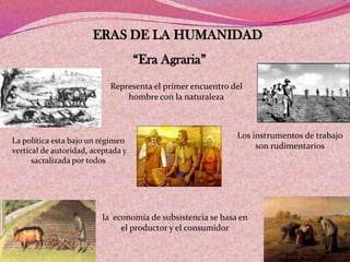 ERAS DE LA HUMANIDAD
“Era Agraria”
Representa el primer encuentro del
hombre con la naturaleza
Los instrumentos de trabajo
son rudimentarios
la economía de subsistencia se basa en
el productor y el consumidor
La política esta bajo un régimen
vertical de autoridad, aceptada y
sacralizada por todos
 