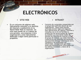 ELECTRÓNICOS SITIO WEB Es un conjunto de páginas web, típicamente comunes a un dominio de internet o subdominio en la World Wide Web en Internet. Un sitio web puede ser el trabajo de una persona, una empresa u otra organización y está típicamente dedicada a algún tema particular o propósito.  INTRANET Conjunto de contenidos compartidos por un grupo bien definido dentro de una organización. Tiene como función principal proveer lógica de negocios para aplicaciones de captura, informes y consultas con el fin de facilitar la producción de dichos grupos de trabajo; es también un importante medio de difusión de información interna a nivel de grupo de trabajo. Las redes internas corporativas son potentes herramientas que permiten divulgar información de la compañía a los empleados con efectividad, consiguiendo que estos estén permanentemente informados con las últimas novedades y datos de la organización. 