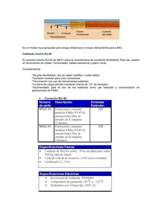 Es un medio muy apropiado para largas distancias e incluso últimamente para LAN's.

Cableado macho RJ-45

El conector macho RJ-45 de NEX1 tiene la característica de excelente flexibilidad. Para ser usados
en terminación de cables horizontales, cables blackbone y patch cords.

Características:

        *De gran flexibilidad: uso de cable multifilar o cable sólido.
        *Conector modular para ocho conectores.
        *Terminación con uso de herramientas estándar.
        *La barra de carga permite mantener menos de 1/2” de trenzado.
        *recomendado para el uso de los sistemas como par trenzado y comunicación en
        aplicaciones de PABX.
 
