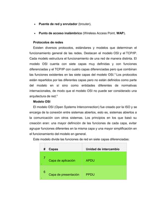 • Puente de red y enrutador (brouter),
• Punto de acceso inalámbrico (Wireless Access Point, WAP).
Protocolos de redes
Existen diversos protocolos, estándares y modelos que determinan el
funcionamiento general de las redes. Destacan el modelo OSI y el TCP/IP.
Cada modelo estructura el funcionamiento de una red de manera distinta. El
modelo OSI cuenta con siete capas muy definidas y con funciones
diferenciadas y el TCP/IP con cuatro capas diferenciadas pero que combinan
las funciones existentes en las siete capas del modelo OSI.3
Los protocolos
están repartidos por las diferentes capas pero no están definidos como parte
del modelo en sí sino como entidades diferentes de normativas
internacionales, de modo que el modelo OSI no puede ser considerado una
arquitectura de red.4
Modelo OSI
El modelo OSI (Open Systems Interconnection) fue creado por la ISO y se
encarga de la conexión entre sistemas abiertos, esto es, sistemas abiertos a
la comunicación con otros sistemas. Los principios en los que basó su
creación eran: una mayor definición de las funciones de cada capa, evitar
agrupar funciones diferentes en la misma capa y una mayor simplificación en
el funcionamiento del modelo en general.
Este modelo divide las funciones de red en siete capas diferenciadas:
# Capas Unidad de intercambio
7
.
Capa de aplicación APDU
6
.
Capa de presentación PPDU
 