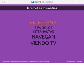 15
@ExtraSoftware / @MarisinC
EN ESPAÑA
51% DE LOS
INTERNAUTAS
NAVEGAN
VIENDO TV
Internet en los medios
LA COMUNICACIÓN EMPRESARIAL EN INTERNET – Diciembre / 2015 - www.extrasoft.es