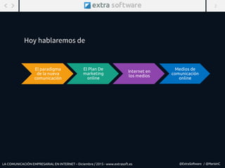 2
@ExtraSoftware / @MarisinC
El paradigma
de la nueva
comunicación
El Plan De
marketing
online
Internet en
los medios
Medios de
comunicación
online
LA COMUNICACIÓN EMPRESARIAL EN INTERNET – Diciembre / 2015 - www.extrasoft.es