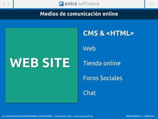 23
@ExtraSoftware / @MarisinC
CMS & <HTML>
Web
Tienda online
Foros Sociales
Chat
Medios de comunicación online
WEB SITE
LA COMUNICACIÓN EMPRESARIAL EN INTERNET – Diciembre / 2015 - www.extrasoft.es