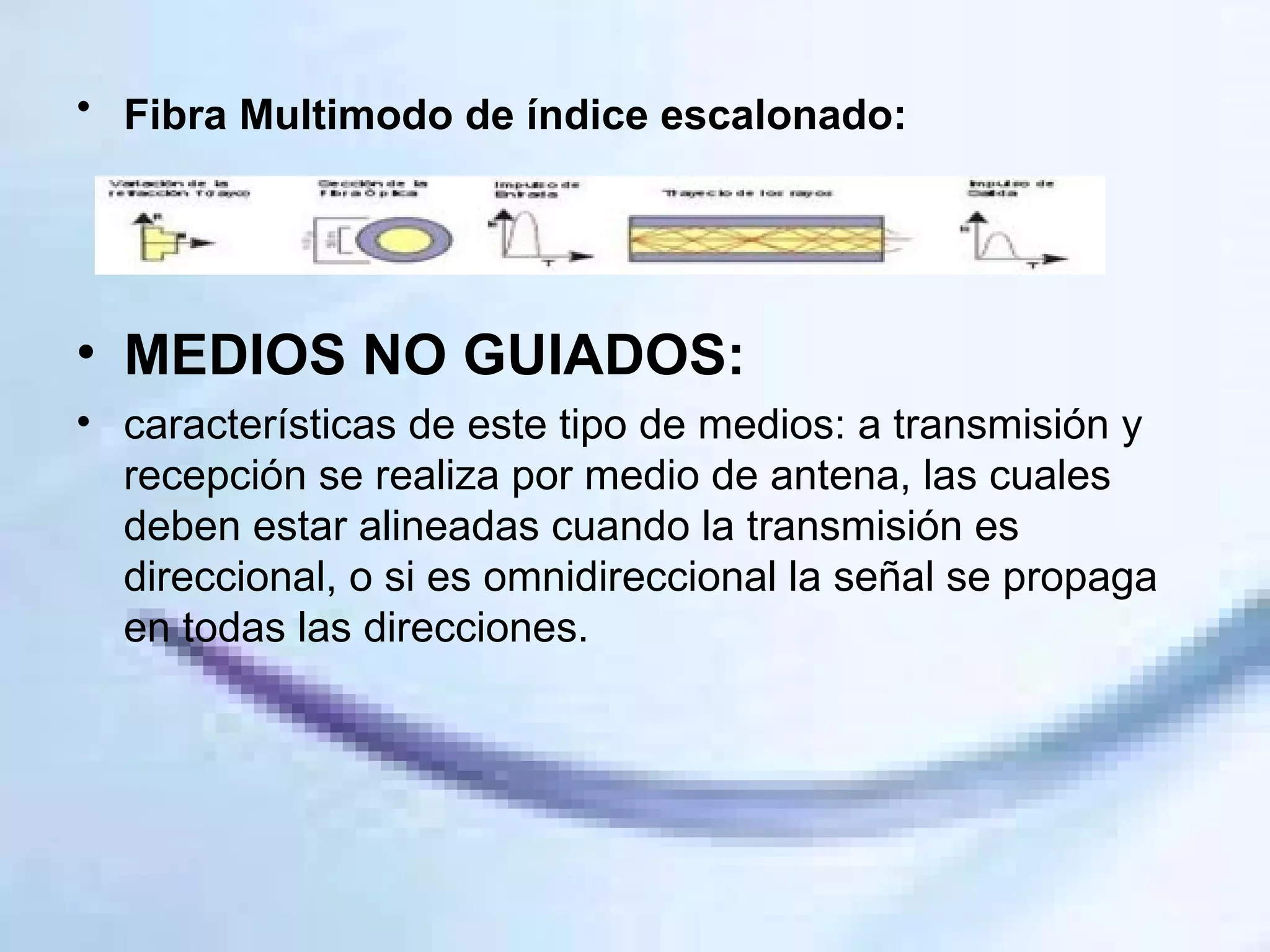 Fibra Multimodo de índice escalonado:   MEDIOS NO GUIADOS: características de este tipo de medios: a transmisión y recepción se realiza por medio de antena, las cuales deben estar alineadas cuando la transmisión es direccional, o si es omnidireccional la señal se propaga en todas las direcciones.  
