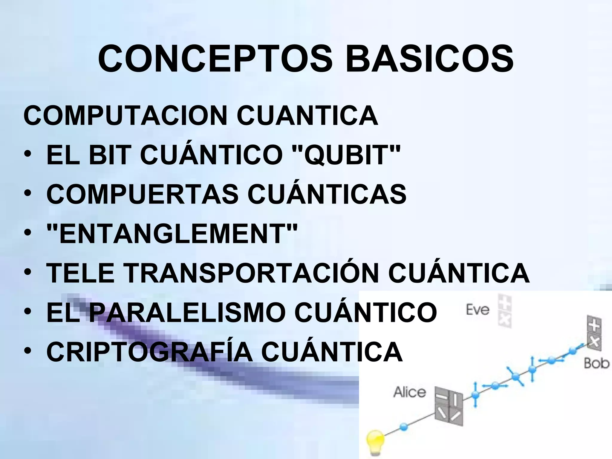 CONCEPTOS BASICOS COMPUTACION CUANTICA EL BIT CUÁNTICO "QUBIT" COMPUERTAS CUÁNTICAS "ENTANGLEMENT" TELE TRANSPORTACIÓN CUÁNTICA EL PARALELISMO CUÁNTICO CRIPTOGRAFÍA CUÁNTICA 