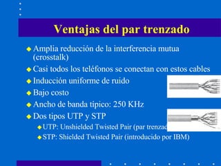 Ventajas del par trenzado Amplia reducción de la interferencia mutua (crosstalk) Casi todos los teléfonos se conectan con estos cables Inducción uniforme de ruido Bajo costo Ancho de banda típico: 250 KHz Dos tipos UTP y STP UTP: Unshielded Twisted Pair (par trenzado sin blindaje) STP: Shielded Twisted Pair (introducido por IBM) 