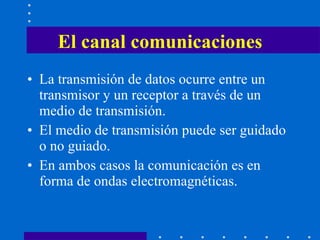 El canal comunicaciones La transmisión de datos ocurre entre un transmisor y un receptor a través de un medio de transmisión. El medio de transmisión puede ser guidado o no guiado. En ambos casos la comunicación es en forma de ondas electromagnéticas. 