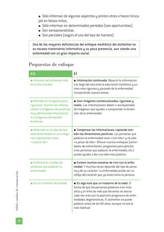 Sólo informan de algunos aspectos y omiten otros o hacen hinca-
pié en falsos mitos.
Sólo informan en determinados periodos (son oportunistas).
Son sensacionalistas.
Son parciales (según el uso del tipo de fuentes).
Una de las mayores deficiencias del enfoque mediático del alzheimer es
su escaso tratamiento informativo y su poca presencia, aun siendo una
enfermedad con un gran impacto social.
Propuestas de enfoque
24
Saludymediosdecomunicación
NO S Í
Informar del alzheimer sólo
en el día mundial.
Información continuada. Repartir la información
a lo largo del año evita la saturación mediática y un
trato más riguroso y pausado de la enfermedad,
incorporando nuevos temas.
Ahondar en imágenes poco
rigurosas. Asociar las informa-
ciones a imágenes de personas
muy deterioradas físicamente
o a imágenes demasiado
bucólicas.
Usar imágenes contextualizadas, rigurosas y
reales. Las informaciones deben ir acompañadas
de imágenes que ayuden a comprender la dimen-
sión de la enfermedad.
Redundar en la idea de que
esta enfermedad es una carga,
con expresiones como
«a pesar de».
Compensar las informaciones, captando tam-
bién las dimensiones positivas. Las personas que
padecen la enfermedad viven «con ella» y no sólo
«a pesar de ella». Ofrecer nuevos enfoques (activi-
dades de estimulación, programas para ejercitar
a las personas que padecen la enfermedad, etc.)
puede ayudar a dar una idea más positiva.
Uniformizar a todas las
personas que padecen la
enfermedad.
Existen muchas maneras de vivir con la enfer-
medad. Y muchas veces depende del tipo de perso-
na y de su carácter. La enfermedad puede ser un
reflejo del carácter que ya antes tenía la persona.
Es un trastorno de la edad. Es algo más que un trastorno de la edad. El
hecho de que las personas podamos vivir más
años y el ritmo de vida que llevamos se asocia
cada vez más con la aparición progresiva de enfer-
medades degenerativas. El alzheimer se puede
padecer antes de los 60 años, aunque no sea lo
más habitual.
 