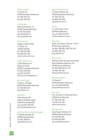 AFA Carcaixent
C/ Ternils, 25
46740 Carcaixent (Valencia)
Tel. 962 434 173
Fax 962 434 205
AFA Castalla
Avda. Constitución, 13
03420 Castalla (Alicante)
Tel. 96 556 10 00
Fax 96 556 00 31
afa_castalla@terra.es
AFA Castellón
Antiguo cuartel militar
C/ Tetuán, 14
12004 Castellón
Tel. 964 242 080
Fax 964 243 284
alzheimer@canal21.com
AFAMA Cocentaina
C/ Ben Khanys, s/n.
Edificio El Teular
03820 Cocentaina (Alicante)
Tel. 966 500 966
Fax 965 593 067
afamacocentaina@yahoo.es
AFA d’Ontinyent
C/ Gomis, 47, bajos
46870 Onteniente (Valencia)
Tel. 962 910 539
afaova@terra.es
AFA Elche
Avda. Alicante, 88
(Huerto de Montenegro)
03203 Elche (Alicante)
Tel. y fax 965 436 841
afa_elche@medtelecom.net
AFA Elda-Petrer y Medio Vinalopó
C/ Ramón Nocedal, 10
03600 Elda (Alicante)
Tel. 965 390 814
afaelda@hotmail.com
Aguafa (Guadassuar)
C/ Vicente Pellicer, 18
46610 Guadassuar (Valencia)
Tel. 649 114 535
Fax 962 482 388
aguafa@hotmail.com
AFA Ibi
C/ José Pineda, 11 AC
03440 Ibi (Alicante)
Tel. y fax 966 551 076
alzheimeribi@mixmail.com
AFA Javea
Avda. Juan Carlos I, 69, esc. 1-3º-2ª
03730 Javea (Alicante)
Tel. 965 790 889 / 965 792 576
Fax 965 796 150
jorge.sig@terra.es
AFA La Safor
Mancomunitat Municipis de la Safor
Avda. República Argentina, 28
46700 Gandia (Valencia)
Tel. 962 965 003 ext. 32
Fax 962 876 607
afalasafor@hotmail.com
AFA Marina Baixa
C/ Ricardo, 2
03500 Benidorm (Alicante)
Tel. y fax 965 868 000
afacoma@hispavista.com
AFA. Muro
Crta. de Setla, 11 (Casa del Ferro)
03830 Muro (Alicante)
Tel. 965 532 196
Fax 965 532 196
afamuro@arrakis.es
AFA. Novelda
Avda. Reyes Católicos, 75
03660 Novelda (Alicante)
Tel. 649 591 817
Fax 965 607 862
afa_novelda@wanadoo.es
38
Saludymediosdecomunicación
 