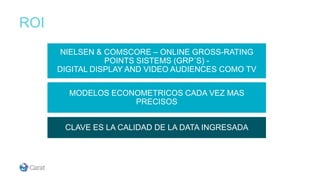 ROI
NIELSEN & COMSCORE – ONLINE GROSS-RATING
POINTS SISTEMS (GRP´S) -
DIGITAL DISPLAY AND VIDEO AUDIENCES COMO TV
MODELOS ECONOMETRICOS CADA VEZ MAS
PRECISOS
CLAVE ES LA CALIDAD DE LA DATA INGRESADA
 