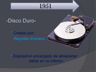 1951

-Disco Duro-

  *Creado por:
   Reynold Jhonson.



 *Dispositivo encargado de almacenar
           datos en su interior.
 