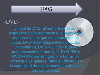 1995
-DVD-
    Unidad de DVD: el nombre de este
 dispositivo hace referencia a la multitud de
    maneras en las que se almacenan los
  datos: DVD-ROM (dispositivo de lectura
    únicamente), DVD-R y DVD+R (solo
   pueden escribirse una vez), DVD-RW y
   DVD+RW (permiten grabar y borrar las
 veces que se quiera). También difieren en
 la capacidad de almacenamiento de cada
               uno de los tipos.
 
