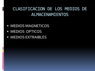 CLASIFICACION DE LOS MEDIOS DE ALMACENAMIENTOS,[object Object],[object Object]