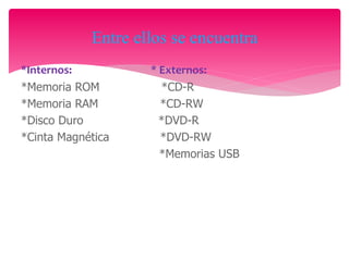 *Internos: * Externos:
*Memoria ROM *CD-R
*Memoria RAM *CD-RW
*Disco Duro *DVD-R
*Cinta Magnética *DVD-RW
*Memorias USB
Entre ellos se encuentra
 