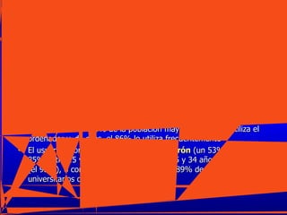 Más de  tres millones  de españoles compran por internet lo que supone un 8,4% de la población mayor de 15 años. Los productos más demandados por internet son los  viajes   con un 59,1%, seguido de  entradas   de espectáculos  con el 35,2%,  libros y revistas  o material de aprendizaje electrónico, con el 24,6%, y  vídeos y música , con el 16,5%.  El   51,9% de los hogares dispone de algún tipo de ordenador . El 48,6% de la población mayor de 15 años utiliza el ordenador y, de ellos, el 86% lo utiliza frecuentemente  El usuario informático español típico es  varón  (un 53%),  joven  (el 85% entre 15 y 24 años y el 72% entre 25 y 34 años),  estudiante  (el 95%), o con  educación superior  (el 89% de los titulares universitarios o similares).  Comercio on-line 