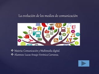 {
La evolución de los medios de comunicación
 Materia: Comunicación y Multimedia digital.
 Alumnos: Lucas Araujo-Verónica Carranza.
 