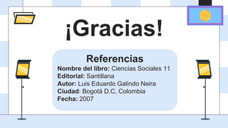 CRÉDITOS: Esta plantilla para presentaciones es una creación de Slidesgo, e incluye
iconos de Flaticon, infografías e imágenes de Freepik y contenido de Eliana Delacour
¡Gracias!
Por favor, conserva esta diapositiva para atribuirnos
Referencias
Nombre del libro: Ciencias Sociales 11
Editorial: Santillana
Autor: Luis Eduardo Galindo Neira
Ciudad: Bogotá D.C, Colombia
Fecha: 2007
 