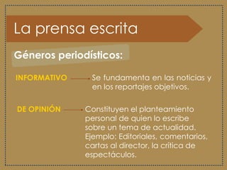 La prensa escrita
Géneros periodísticos:
INFORMATIVO Se fundamenta en las noticias y
en los reportajes objetivos.
DE OPINIÓN Constituyen el planteamiento
personal de quien lo escribe
sobre un tema de actualidad.
Ejemplo: Editoriales, comentarios,
cartas al director, la crítica de
espectáculos.
 