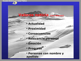 Valores noticia  (Carl Warren) Actualidad Proximidad Consecuencias Relevancia personal Emoción Progreso Personas con nombre y apellido 
