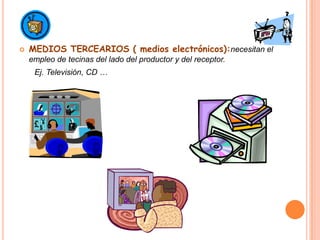 MEDIOS CUATERNARIOS (medios digitales):necesitan el empleo de técnicas del lado del productor de contenidos y del receptor. Ej. La internet…