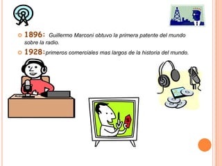 1896: Guillermo Marconi obtuvo la primera patente del mundo sobre la radio.1928:primeros comerciales mas largos de la historia del mundo.