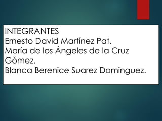 INTEGRANTES
Ernesto David Martínez Pat.
María de los Ángeles de la Cruz
Gómez.
Blanca Berenice Suarez Dominguez.
 