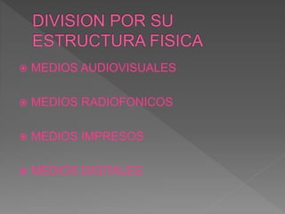  MEDIOS AUDIOVISUALES
 MEDIOS RADIOFONICOS
 MEDIOS IMPRESOS
 MEDIOS DIGITALES
 