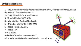 Emisoras Radiales
1.- circuito de Radio Nacional de Venezuela(RNV), cuenta con 9 frecuencias
de AM y 52 frecuencias en FM.
2.- YVKE Mundial Caracas (550 AM)
3. Mundial Zulia (1070 AM)
4.- Mundial Los Andes (1040 AM)
5.- Mundial Margarita (1020 AM)
6.- Radio Tiuna 106.1 FM
7.- Radio Sur
8.-AN Radio.
9.-Red de “medios paraestatales”
(alrededor de 400 emisoras de radio comunitarias))
 