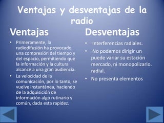 Ventajas y desventajas de la
radio
Ventajas
• Primeramente, la
radiodifusión ha provocado
una compresión del tiempo y
del espacio, permitiendo que
la información y la cultura
alcance a una gran audiencia.
• La velocidad de la
comunicación, por lo tanto, se
vuelve instantánea, haciendo
de la adquisición de
información algo rutinario y
común, dada esta rapidez.
Desventajas
• Interferencias radiales.
• No podemos dirigir un
puede variar su estación
mercado, ni monopolizarlo.
radial.
• No presenta elementos
 