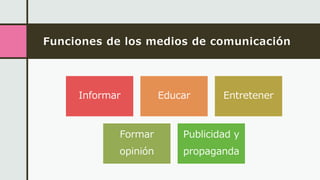 Funciones de los medios de comunicación
Informar Educar Entretener
Formar
opinión
Publicidad y
propaganda
 