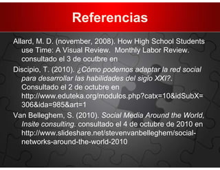 Referencias
Allard, M. D. (november, 2008). How High School Students
   use Time: A Visual Review. Monthly Labor Review.
   consultado el 3 de ocutbre en
Discipio, T. (2010). ¿Cómo podemos adaptar la red social
   para desarrollar las habilidades del siglo XXI?.
   Consultado el 2 de octubre en
   http://www.eduteka.org/modulos.php?catx=10&idSubX=
   306&ida=985&art=1
Van Belleghem, S. (2010). Social Media Around the World,
   Insite consulting. consultado el 4 de octubre de 2010 en
   http://www.slideshare.net/stevenvanbelleghem/social-
   networks-around-the-world-2010
 