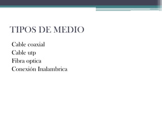 TIPOS DE MEDIO
Cable coaxial
Cable utp
Fibra optica
Conexión Inalambrica

 