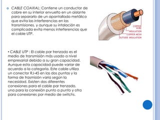 

CABLE COAXIAL: Contiene un conductor de
cobre en su interior envuelto en un aislante
para separarlo de un apantallado metálico
que evita las interferencias en las
transmisiones. y aunque su intalación es
complicada evita menos interferencias que
el cable UTP.

• CABLE UTP : El cable par trenzado es el
medio de transmisión más usado a nivel
empresarial debido a su gran capacidad.
Aunque esta capacidad puede variar de
acuerdo a la categoría. Este cable utiliza
un conector RJ-45 en las dos puntas y la
forma de trasmisión varia según la
necesidad. Existen dos diferentes
conexiones para el cable par trenzado,
una para la conexión punto a punto y otra
para conexiones por medio de switchs.

 