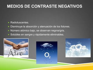 MEDIOS DE CONTRASTE NEGATIVOS
 Radioluscentes.
 Disminuye la absorción y atenuación de los fotones.
 Número atómico bajo, se observan negros/gris.
 Solubles en sangre y rápidamente eliminables.
 