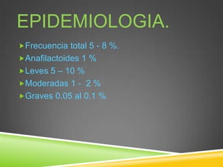 EPIDEMIOLOGIA.
Frecuencia total 5 - 8 %.
Anafilactoides 1 %
Leves 5 – 10 %
Moderadas 1 - 2 %
Graves 0.05 al 0.1 %
 