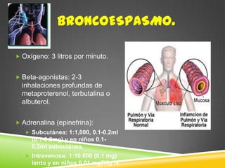BRONCOESPASMO.
 Oxígeno: 3 litros por minuto.
 Beta-agonistas: 2-3
inhalaciones profundas de
metaproterenol, terbutalina o
albuterol.
 Adrenalina (epinefrina):
 Subcutánea: 1:1,000, 0.1-0.2ml
(0.1-0.2mg) y en niños 0.1-
0.2ml subcutánea.
 Intravenosa: 1:10,000 (0.1 mg)
lento y en niños 0.01 mg7Kg IV.
 