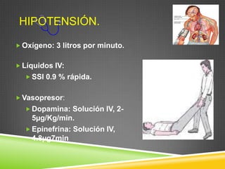 HIPOTENSIÓN.
 Oxígeno: 3 litros por minuto.
 Líquidos IV:
 SSI 0.9 % rápida.
 Vasopresor:
 Dopamina: Solución IV, 2-
5µg/Kg/min.
 Epinefrina: Solución IV,
4.8µg7min
 