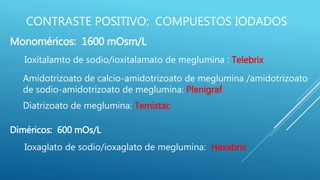 CONTRASTE POSITIVO: COMPUESTOS IODADOS
Ioxitalamto de sodio/ioxitalamato de meglumina : Telebrix
Amidotrizoato de calcio-amidotrizoato de meglumina /amidotrizoato
de sodio-amidotrizoato de meglumina: Plenigraf
Diatrizoato de meglumina: Temistac
Ioxaglato de sodio/ioxaglato de meglumina: Hexabrix
Monoméricos: 1600 mOsm/L
Diméricos: 600 mOs/L
 