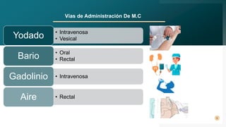 6
Vías de Administración De M.C
• Intravenosa
• Vesical
Yodado
• Oral
• Rectal
Bario
• Intravenosa
Gadolinio
• Rectal
Aire
 