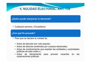 5. NULIDAD ELECTORAL. ART. 139


¿Quién puede interponer la demanda?


 • Cualquier persona. (Ciudadano)


¿Con qué fin procede?

 • Para que se declare la nulidad de:

   • Actos de elección por voto popular;
   • Actos de elección proferidos por cuerpos electorales;
   • Actos de nombramiento que expidan las entidades y autoridades
     públicas de todo orden o,
   • Actos de llamamiento para proveer vacantes en las
     corporaciones públicas.
 