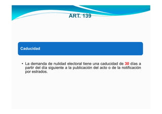 ART. 139




Caducidad


• La demanda de nulidad electoral tiene una caducidad de 30 días a
  partir del día siguiente a la publicación del acto o de la notificación
  por estrados.
 