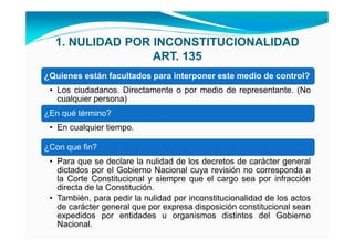 1. NULIDAD POR INCONSTITUCIONALIDAD
                 ART. 135
¿Quienes están facultados para interponer este medio de control?
 • Los ciudadanos. Directamente o por medio de representante. (No
   cualquier persona)
¿En qué término?
 • En cualquier tiempo.

¿Con que fin?
 • Para que se declare la nulidad de los decretos de carácter general
   dictados por el Gobierno Nacional cuya revisión no corresponda a
   la Corte Constitucional y siempre que el cargo sea por infracción
   directa de la Constitución.
 • También, para pedir la nulidad por inconstitucionalidad de los actos
   de carácter general que por expresa disposición constitucional sean
   expedidos por entidades u organismos distintos del Gobierno
   Nacional.
 