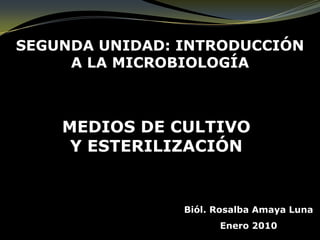 SEGUNDA UNIDAD: INTRODUCCIÓN
     A LA MICROBIOLOGÍA



    MEDIOS DE CULTIVO
     Y ESTERILIZACIÓN


                Biól. Rosalba Amaya Luna
                      Enero 2010
 