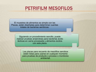 PETRIFILM MESOFILOS 
El muestreo de alimentos es simple con las 
Placas, están diseñadas para determinar cuentas 
totales de bacterias aeróbicas. 
Siguiendo un procedimiento sencillo, puede 
realizar pruebas anaerobias para bacterias ácido 
lácticas en carne procesada y alimentos ácidos 
con esta placa. 
Las placas para recuento de mesófilos aerobios 
están listas para usarse en cualquier momento 
para pruebas de producto o proceso o monitoreo 
ambiental. 
 