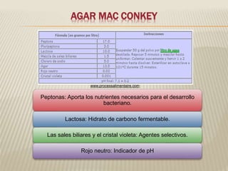AGAR MAC CONKEY 
www.processalimentaire.com 
Peptonas: Aporta los nutrientes necesarios para el desarrollo 
bacteriano. 
Lactosa: Hidrato de carbono fermentable. 
Las sales biliares y el cristal violeta: Agentes selectivos. 
Rojo neutro: Indicador de pH 
 